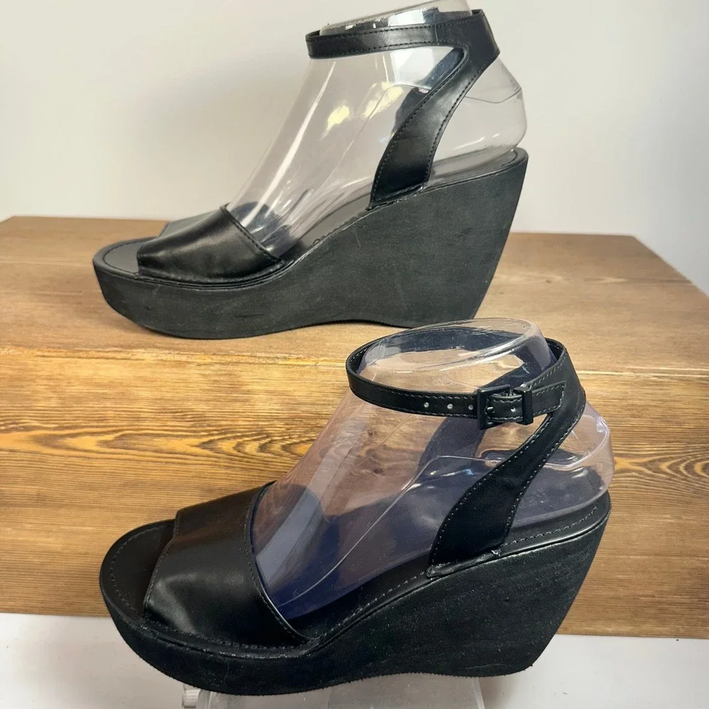 Y2K Platform Wedge Sandals Womens 7.5 Black Scene Emo Mall Goth McBling Clubwear